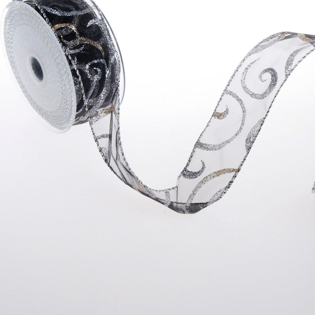 Organzaband Weihnachten - schwarz mit Glimmer- 40mm - 10m - 90156-40-10-91