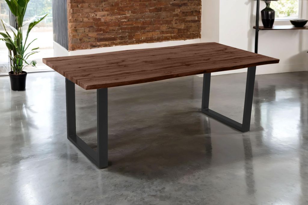 Esstisch Josy | 200 x 100 cm | Holz Nussbaum-Optik | U-Gestell Metall schwarz | 40 mm Tischplatte mit Baumkante | Tisch für Esszimmer & Küche
