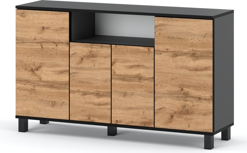 Skandinavische Kommode Sideboard Holz 140x80x35 für Wohnzimmer, Flur oder als Kommode Schlafzimmer - Minimalistisches Design - Grau Matt / Wotan E...