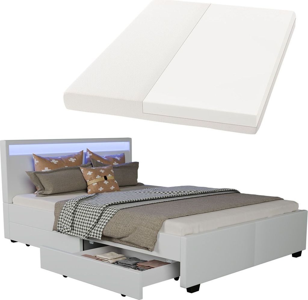 Juskys Polsterbett Lyon 140 x 200 cm mit Bettkasten, LED Beleuchtung, Lattenrost & Matratze - Kunstleder & Holz – Bett Bettgestell Jugendbett weiß