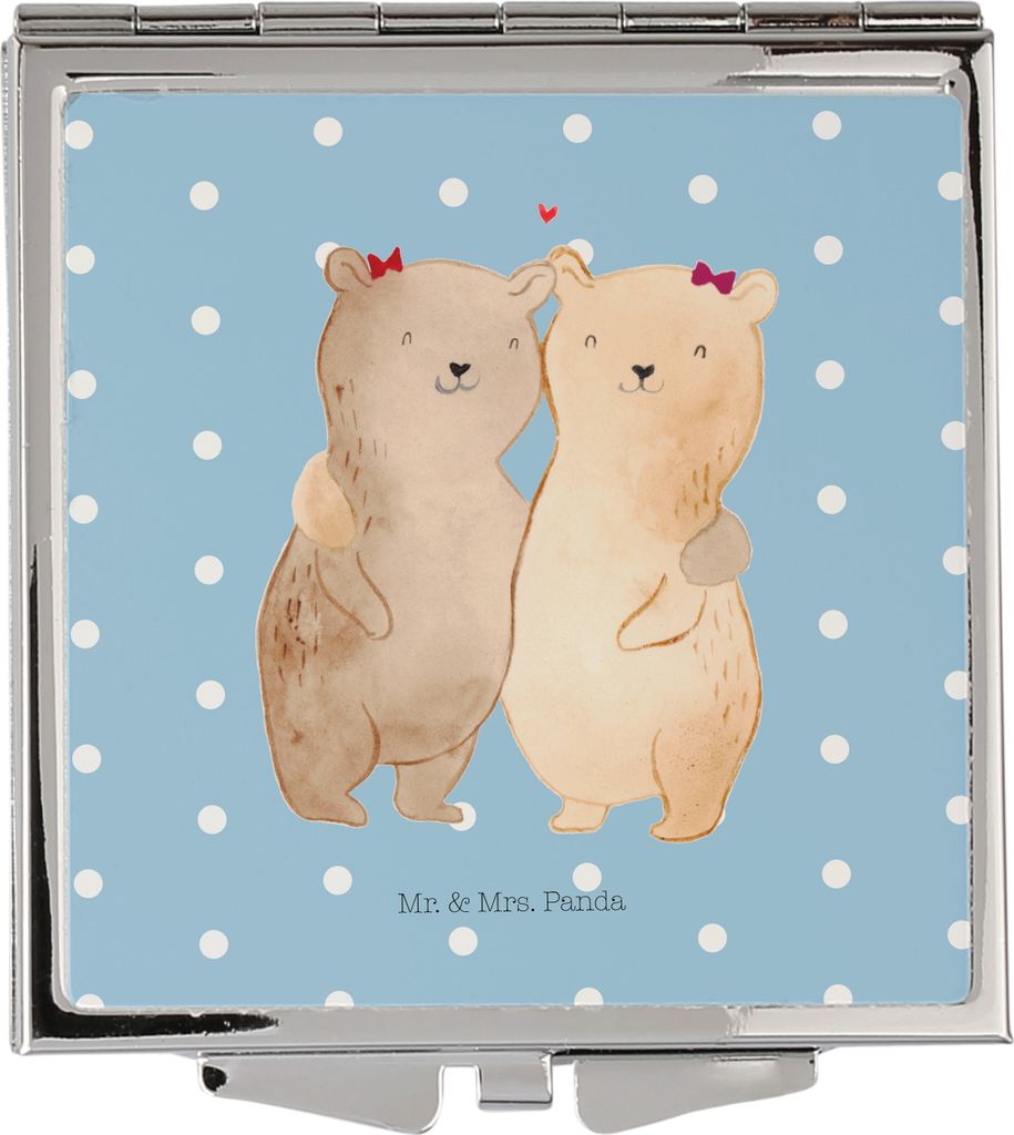 Mr. & Mrs. Panda Handtaschenspiegel quadratisch Bären Schwestern - Blau Pastell - Geschenk, Klappbarer Spiegel, Beste Freundin, Muttertag, Kosmeti...