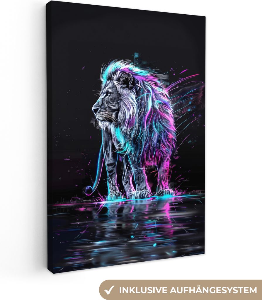 MuchoWow - Leinwandbilder - Löwe - Farben - Schwarz - Tiere, Wandbild, Wanddeko Bilder Wohnzimmer, 80x120 cm