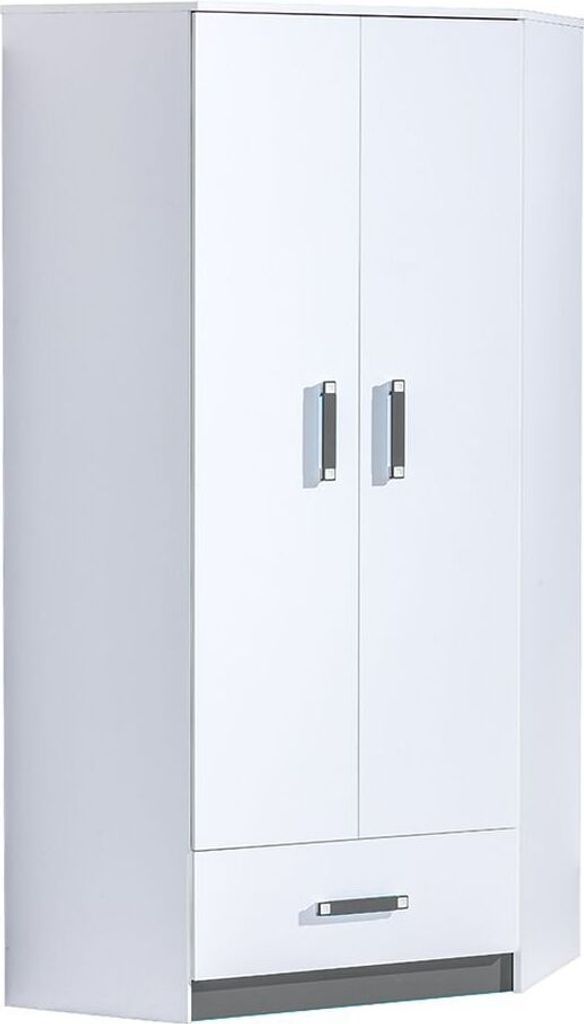 Kinderzimmer - Drehtürenschrank / Eckkleiderschrank Frank 02, Farbe: Weiß / Grau - 189 x 87 x 87 cm (H x B x T)