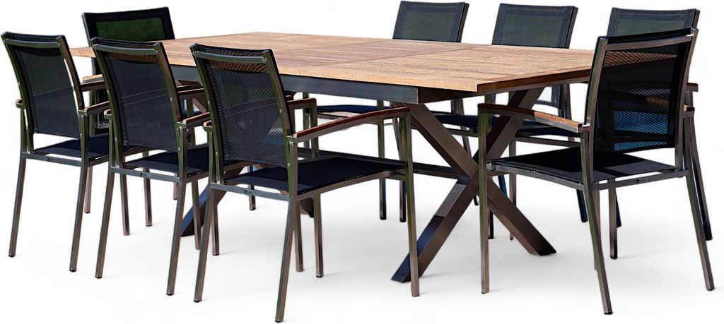 ALEOS. Gartengarnitur Edelstahl Teak Set: Ausziehtisch 200-260x100 cm + 8 Sessel stapelbar Edelstahl Teak Gewebe schwarz Sitzgruppe A-Grade Teak Ho...