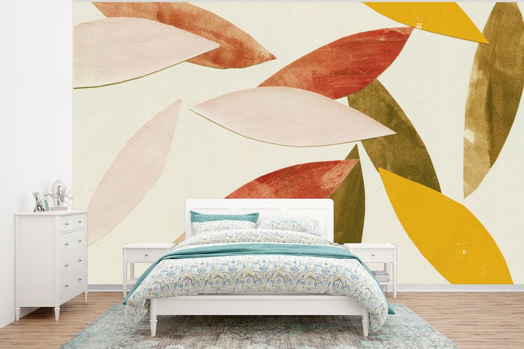MuchoWow Fototapete für Wohnzimmer oder Schlafzimmer Wandtapete Vinyl Motivtapete Blätter - Pflanzen - Farben - Pastell - 375x280 cm - Schlafzi...
