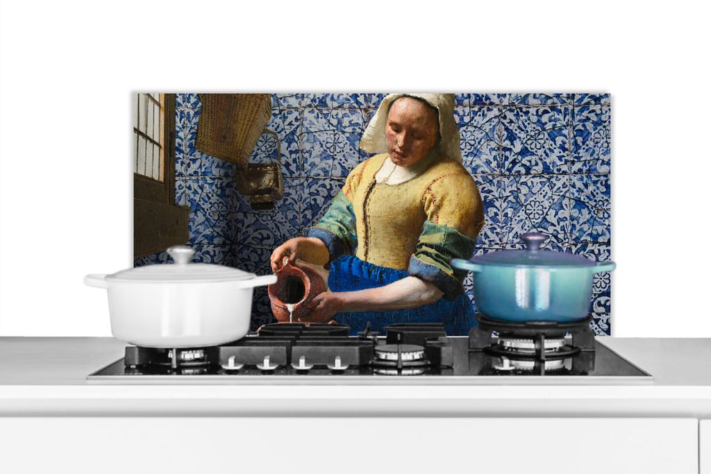 KitchenYeah Spritzschutz Küche - Küchenrückwand - Wandschutz für Herd und Spüle - Milchmädchen - Delfter Blau - Vermeer - Gemälde - Alte ...