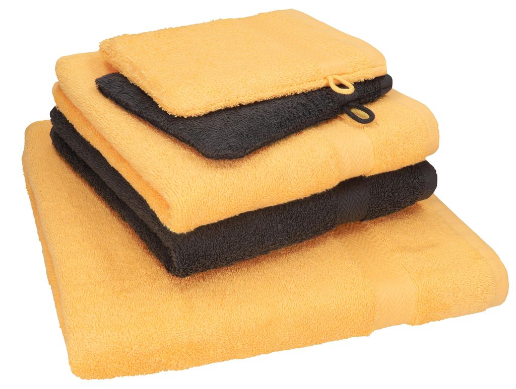 Betz 5 tlg. Handtuch Set SINGLE Pack Farbe honiggelb - graphit grau 1 Duschtuch 2 Handtücher 2 Waschhandschuhe - 250802