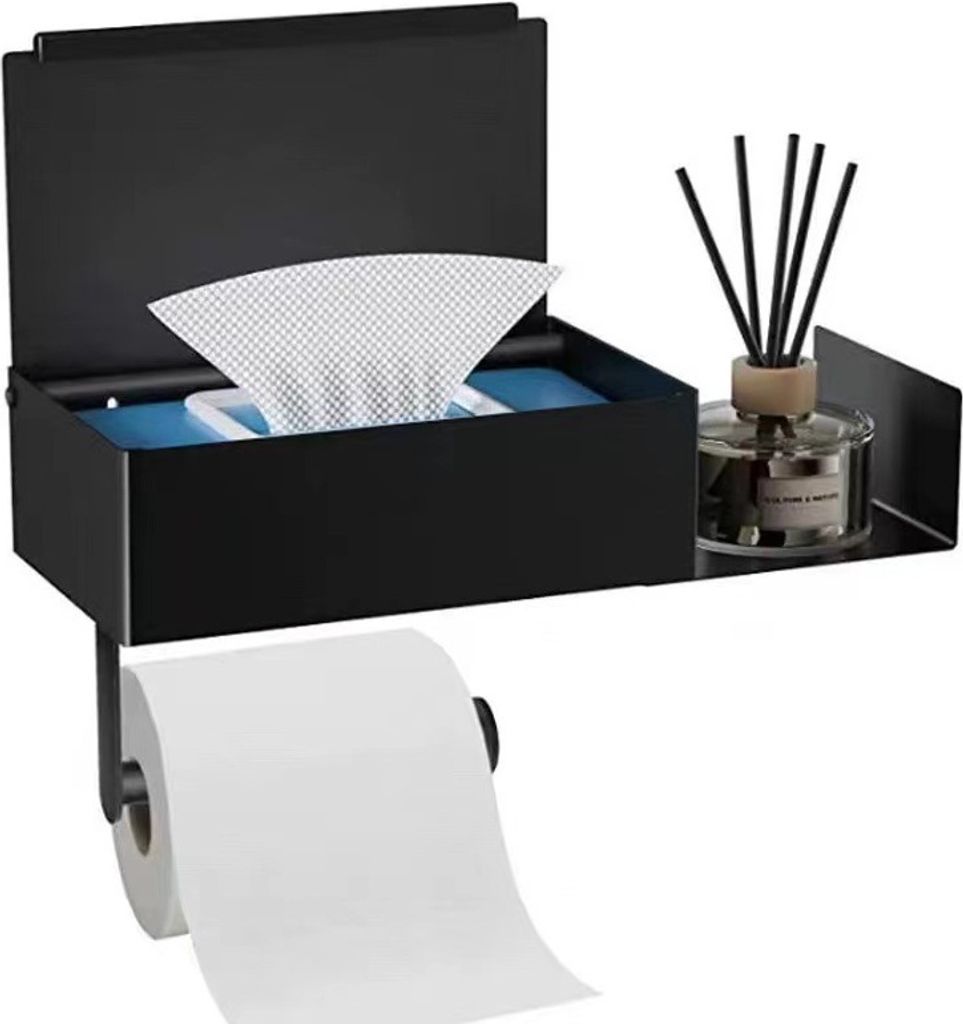 Toilettenpapierhalter Ohne Bohren – Mit Feuchttücherbox, Edelstahl, Anti-Fingerabdruck, Matt Schwarz