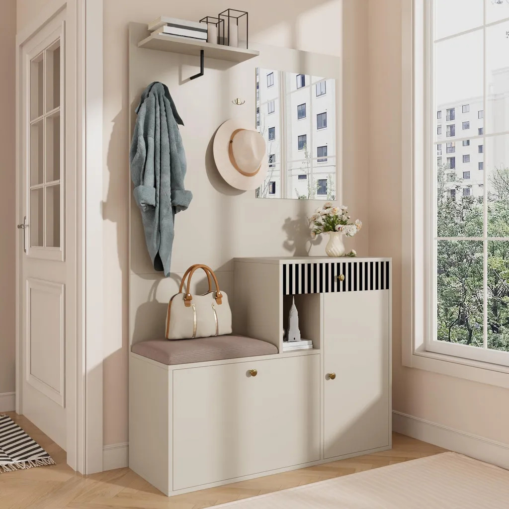 OKWISH Ensemble Vestiaire d'Entrée Beige et Gris avec Miroir et Banc