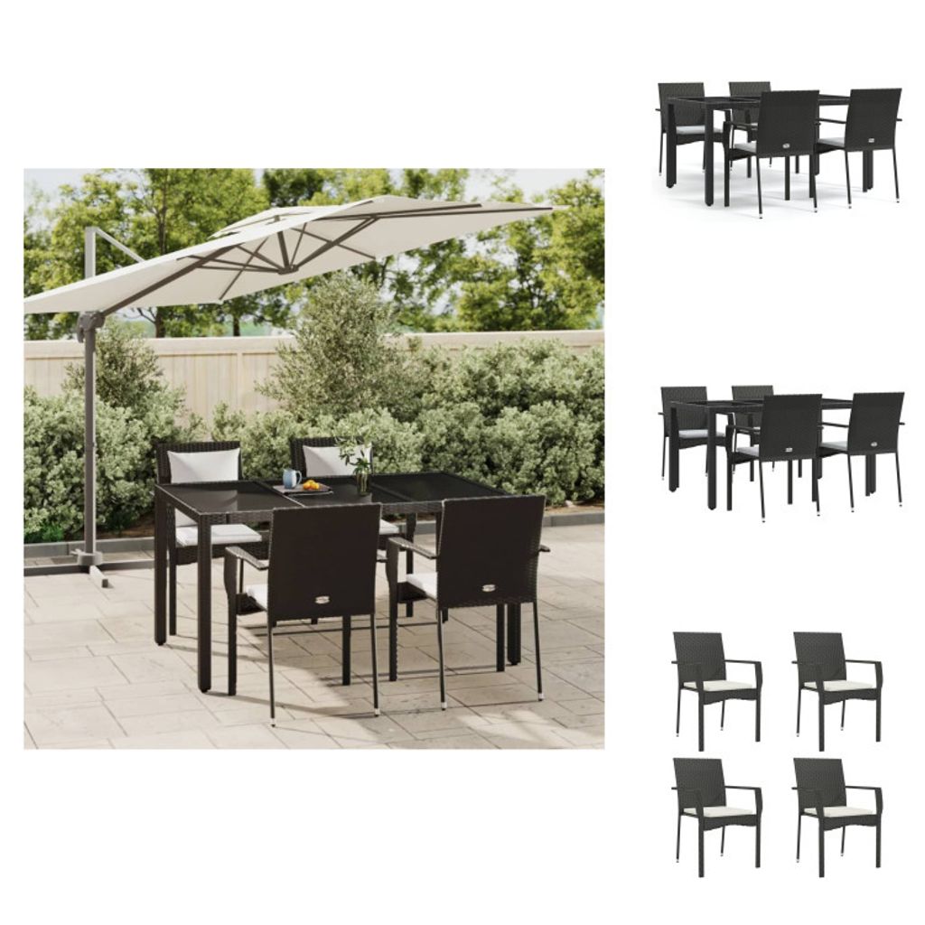 vidaXL 5-tlg. Garten-Essgruppe mit Kissen Schwarz Poly Rattan - Gartenmöbel-Sets