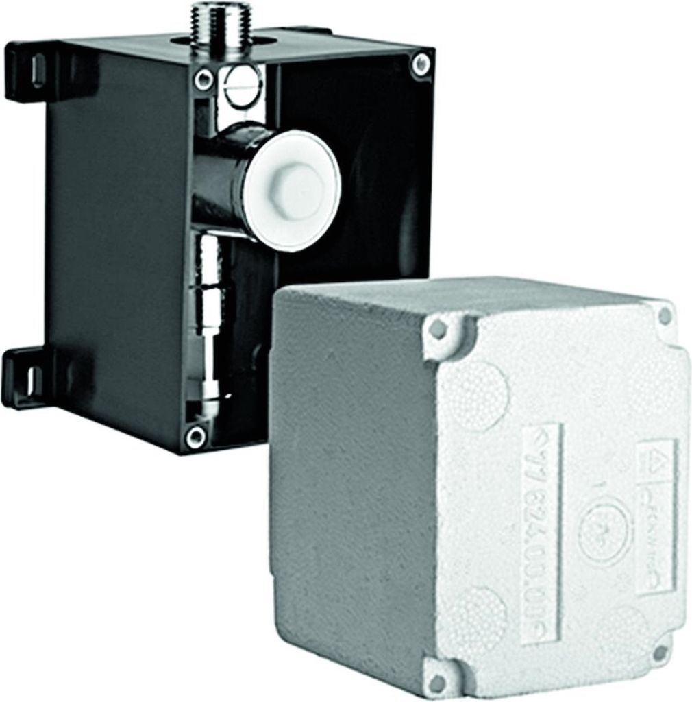 A black and silver urinal flush valve assembly with a separate gray protective cover.