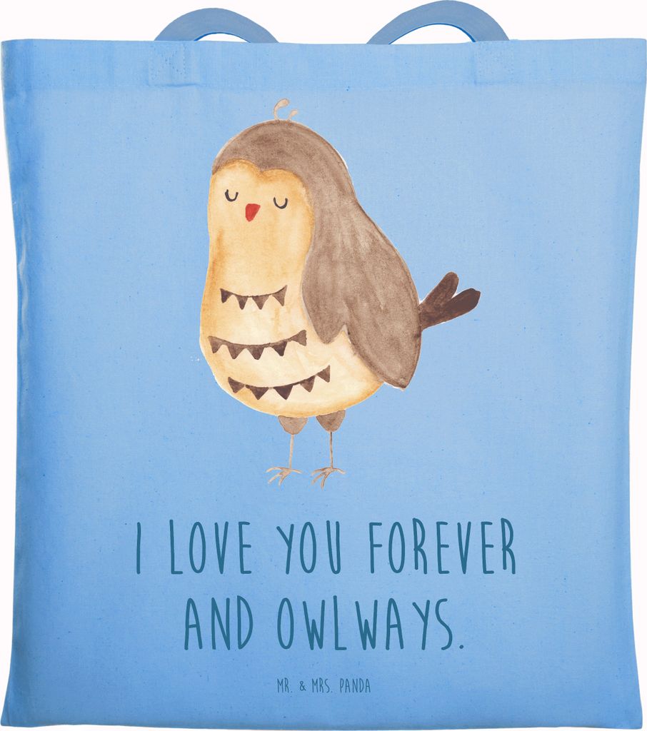 Mr. & Mrs. Panda Jutebeutel Eule Zufrieden - Sky Blue - Geschenk, Liebe Spruch, Tote Bag, Liebesspruch, Stoffbeutel, Owl, Shopping Tasche, Hochzeit...