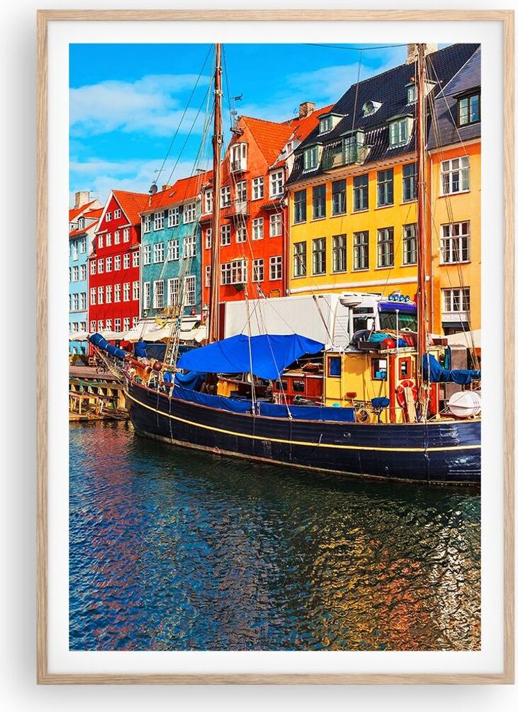 Gerahmtes Poster - Rahmen in heller Eiche - Kopenhagen Nahavn Schiffe - 70x100 cm - Wand Bild - Wanddeko - Wandbilder - Wandposter - Bilderrahmen -...