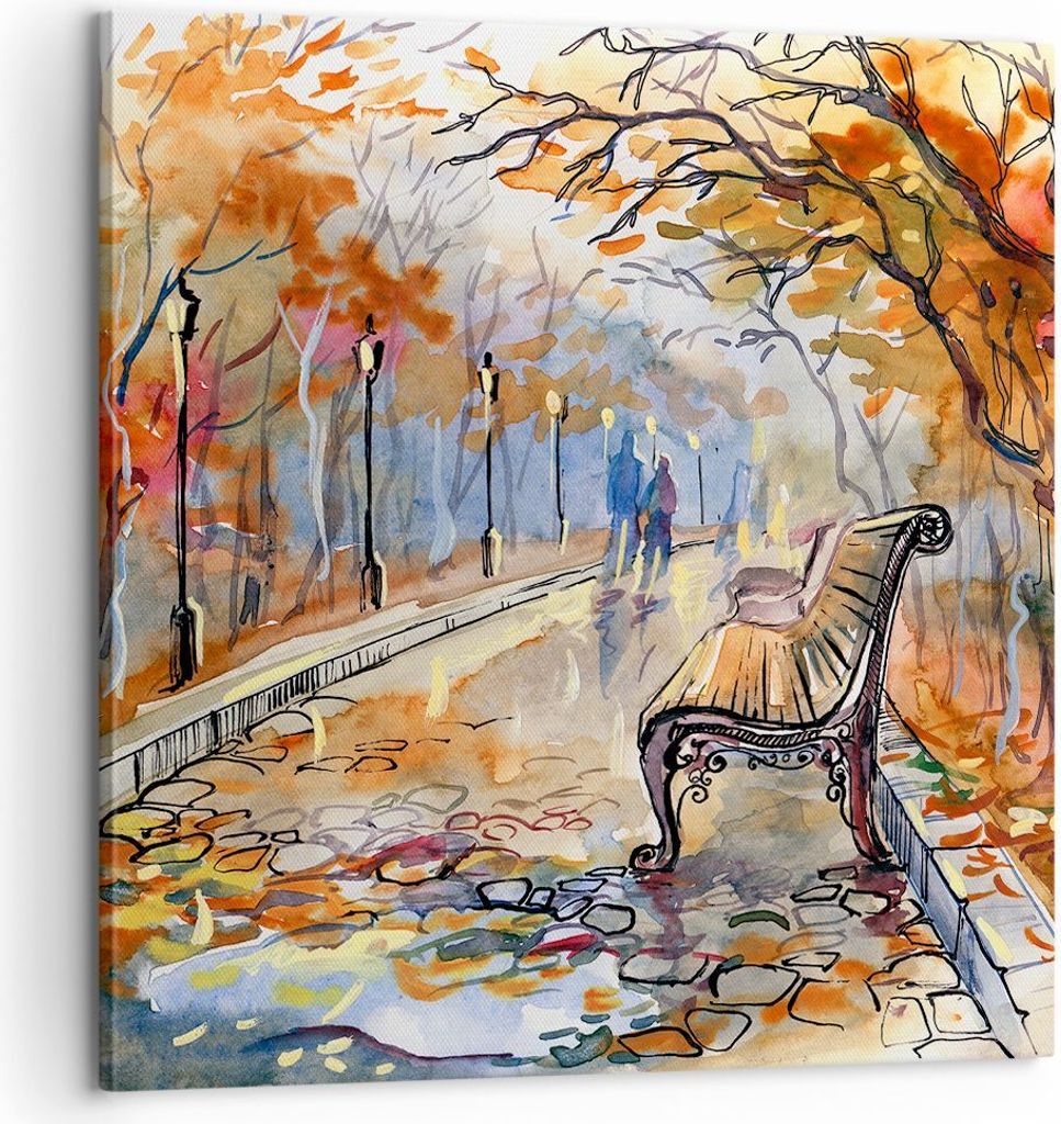 Bild auf Leinwand - Leinwandbild - Path Bench Herbst Frau - 60x60cm - Wand Bild - Wanddeko - Leinwanddruck - Bilder - Kunstdruck - Wanddekoration -...
