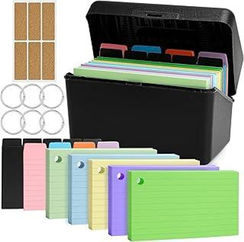 Lernkarteibox Schwarz, Index Box Black, Karteikasten Box, 355 Karteikarten, 5 Trennkarten und 6 Aufkleber, für Unterwegs, Lernen, Notizen, Schule,...