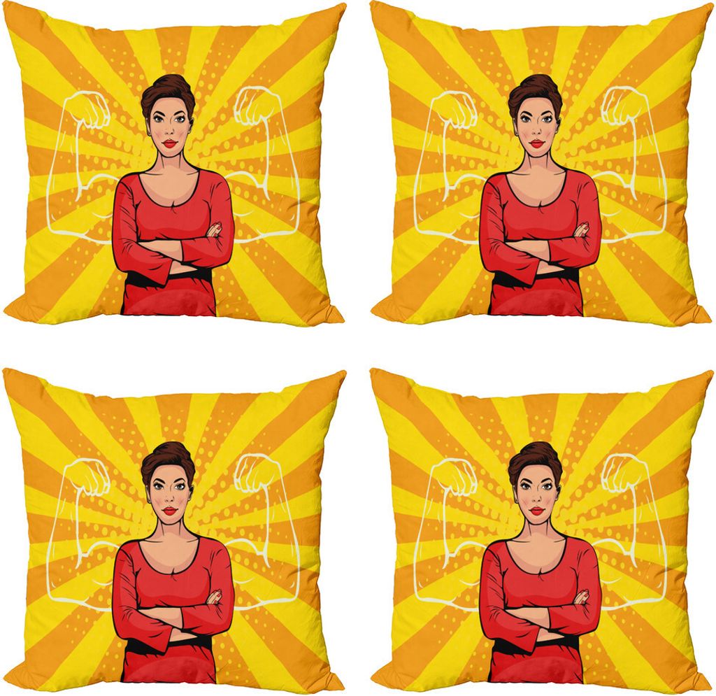 ABAKUHAUS Mädchen Boss Kissenbezug Set (4 Stück), Starke Frau und Arme, Moderner Doppelseitiger Digitaldruck, 50 cm x 50 cm, Orange Senf