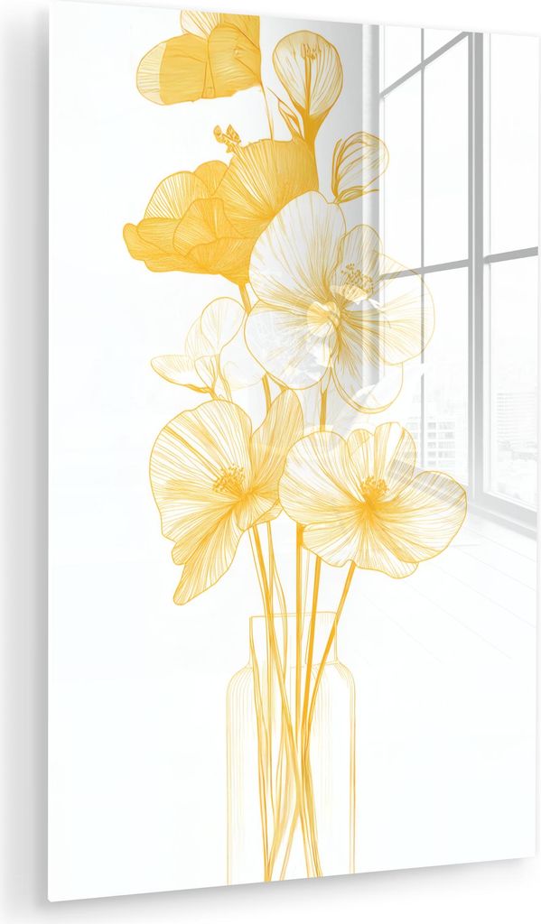 MuchoWow Glasbilder - Bilder auf Wandbild - Foto auf Glas Strichzeichnung - Blumen - Gelb - Vase 60x90 cm Wanddekoration aus Glas - Acrylglasbild -...