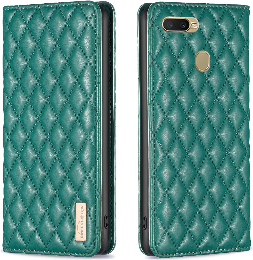 Custodia OPPO A7 in Pelle Verde: Elegante Flip Cover con Porta Carte