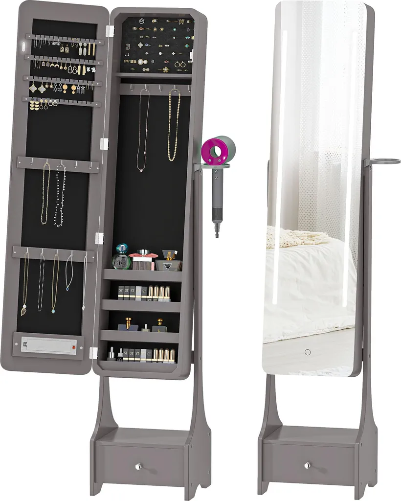 Armoire de rangement bijoux avec miroir LED pour chambre et dressing