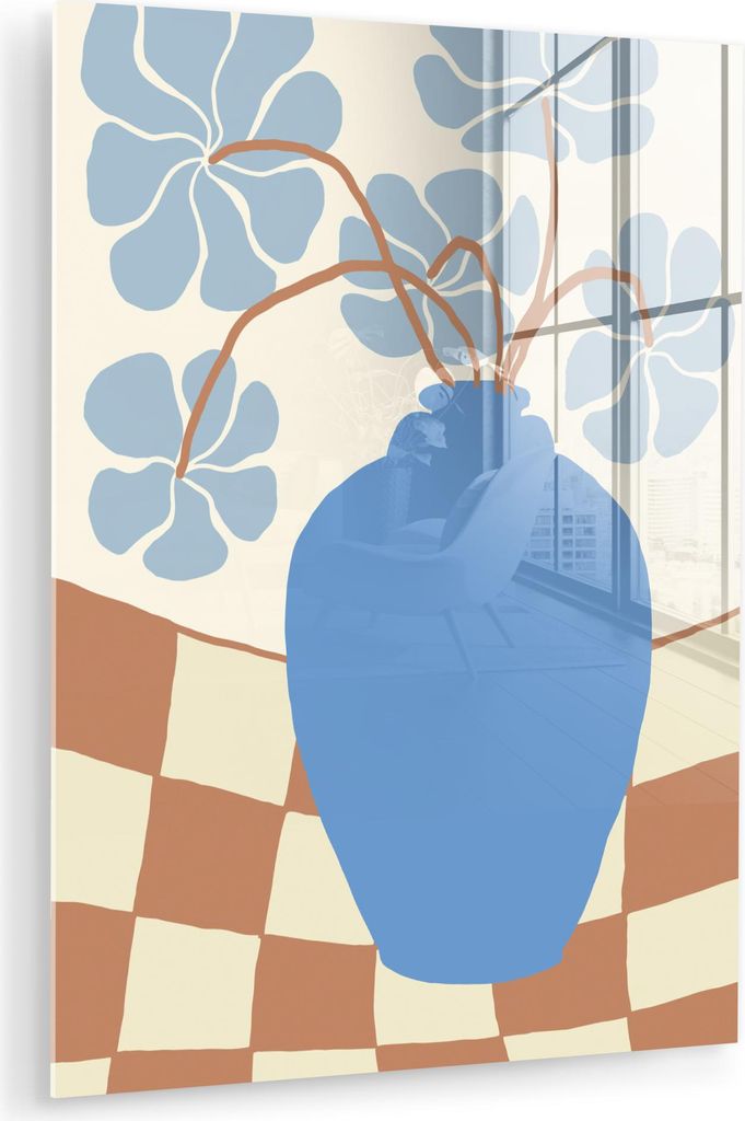 MuchoWow Glasbilder - Bilder auf Wandbild - Foto auf Glas Blumen - Topf - Blau - Abstrakte Kunst 30x40 cm Wanddekoration aus Glas - Acrylglasbild -...