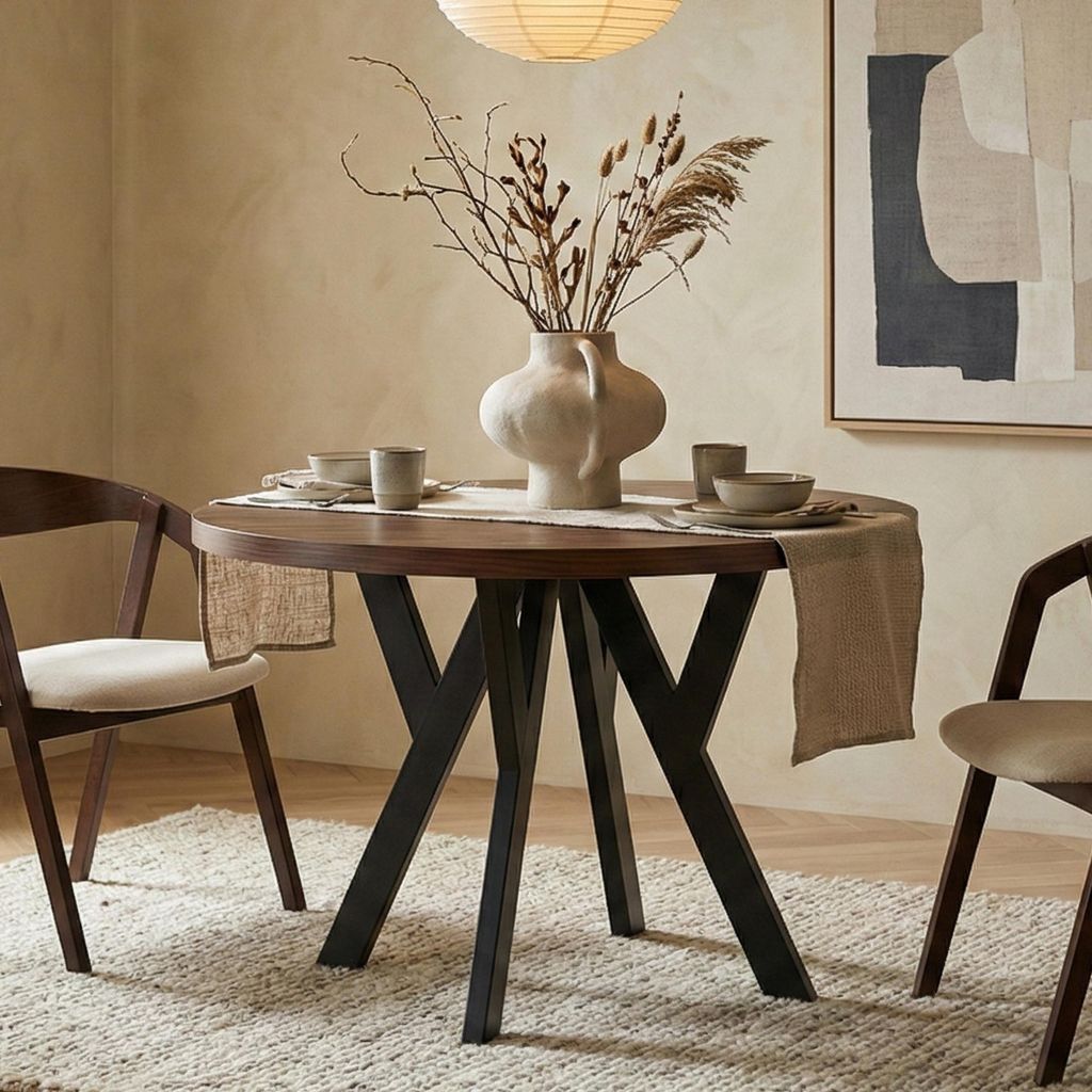 Runder Ausziehbarer Tisch für Esszimmer, PERO, Loft-Stil, Skandinavische, Durchmesser: 110 / 160 cm, Farbe: Franklin Nuss / Schwarz