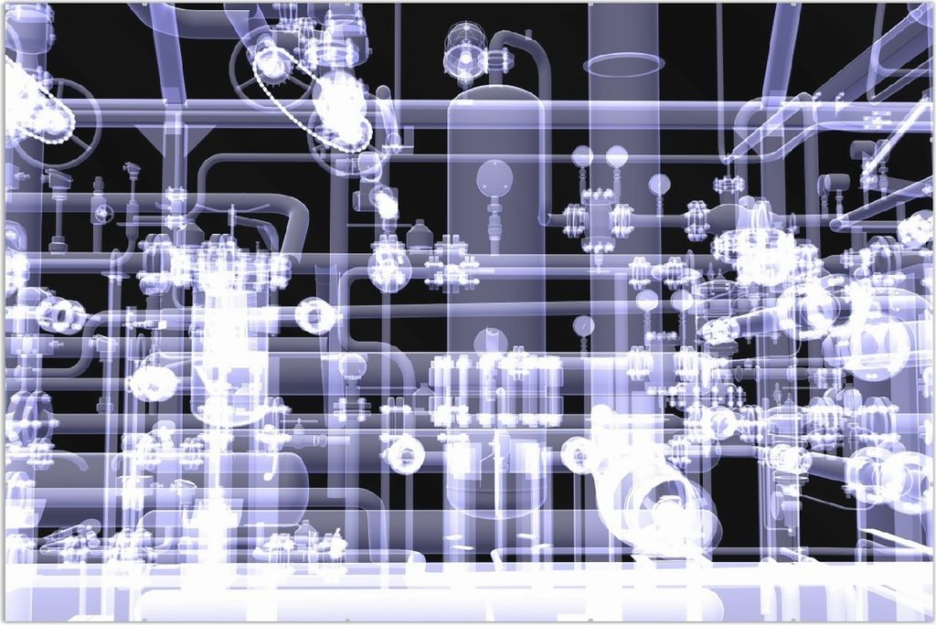 Wallario Wandbild Transparente Maschine unter Röntgen mit Zahnrädern und Rohren, Größe: 61 x 91,5 cm, Poster mit rahmenlosen Bildhalter