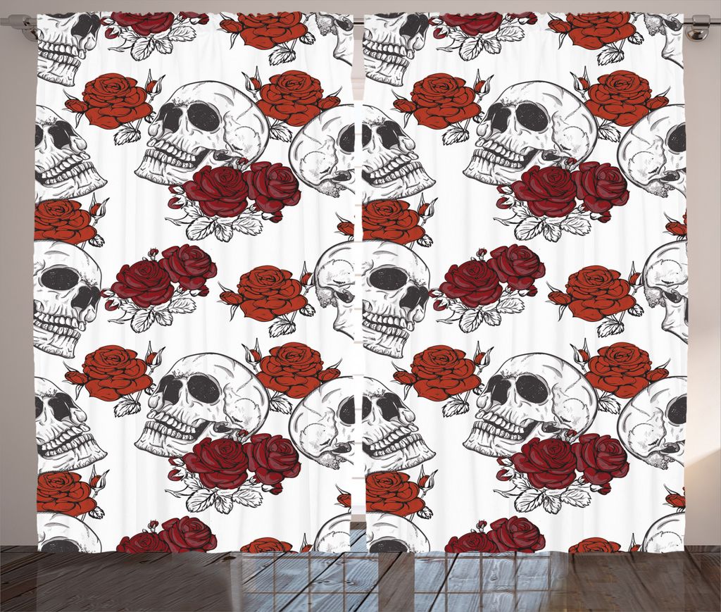 ABAKUHAUS Halloween Rustikaler Vorhang, Rosen-gotischer Schädel, Wohnzimmer Universalband Gardinen mit Schlaufen und Haken, 280 x 225 cm, Grau
