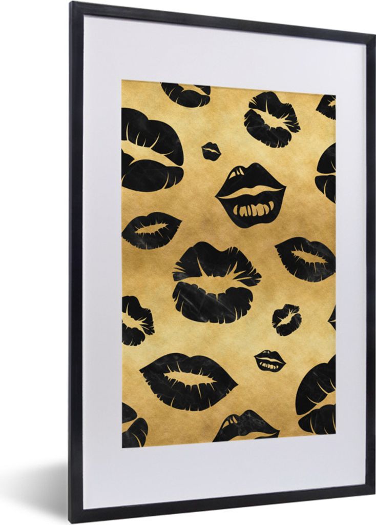 MuchoWow Gerahmtes Poster Muster - Kuss - Gold - Schwarz 40x60 cm - Poster mit Schwarzem Bilderrahmen Wandposter Rahmen Foto Bilder - Poster in R...