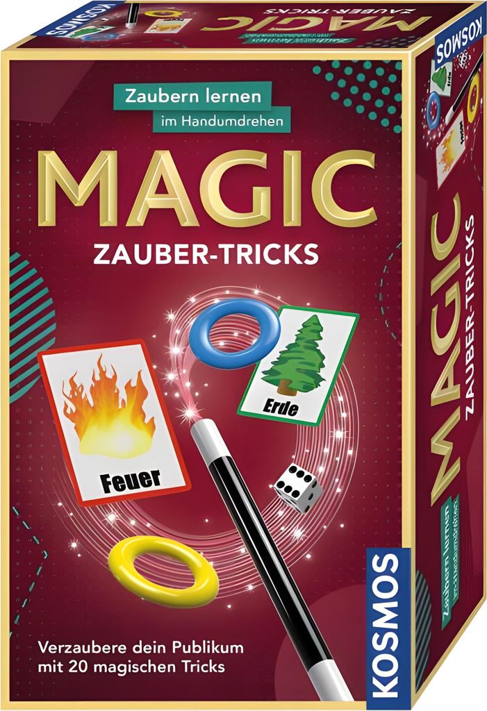 The image shows the packaging of a magic trick set for children, featuring illustrations of magic props and elements.