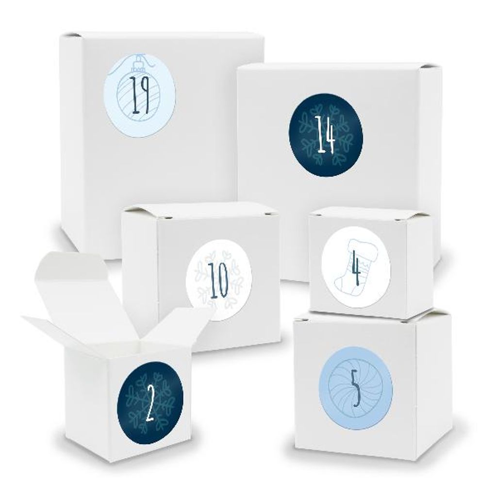 Adventskalender zum Füllen 24x Quader Würfel gemischt WEISS + Sticker (V01 Z12)
