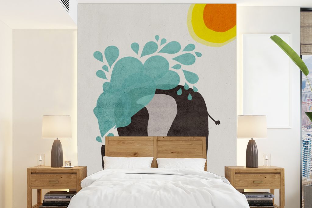 MuchoWow Fototapete für Wohnzimmer oder Schlafzimmer Wandtapete Vinyl Motivtapete Elefant - Kind - Wasser - Sonne - 190x260 cm - Papiertapete
