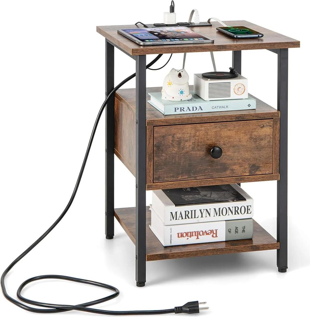 Nachttische - Nachtkommoden 2er-Set - Mit Ladestation, Schublade, Offene Ablagen, Für Schlafzimmer, Modern marokkanischer Stil - Rustikales Braun