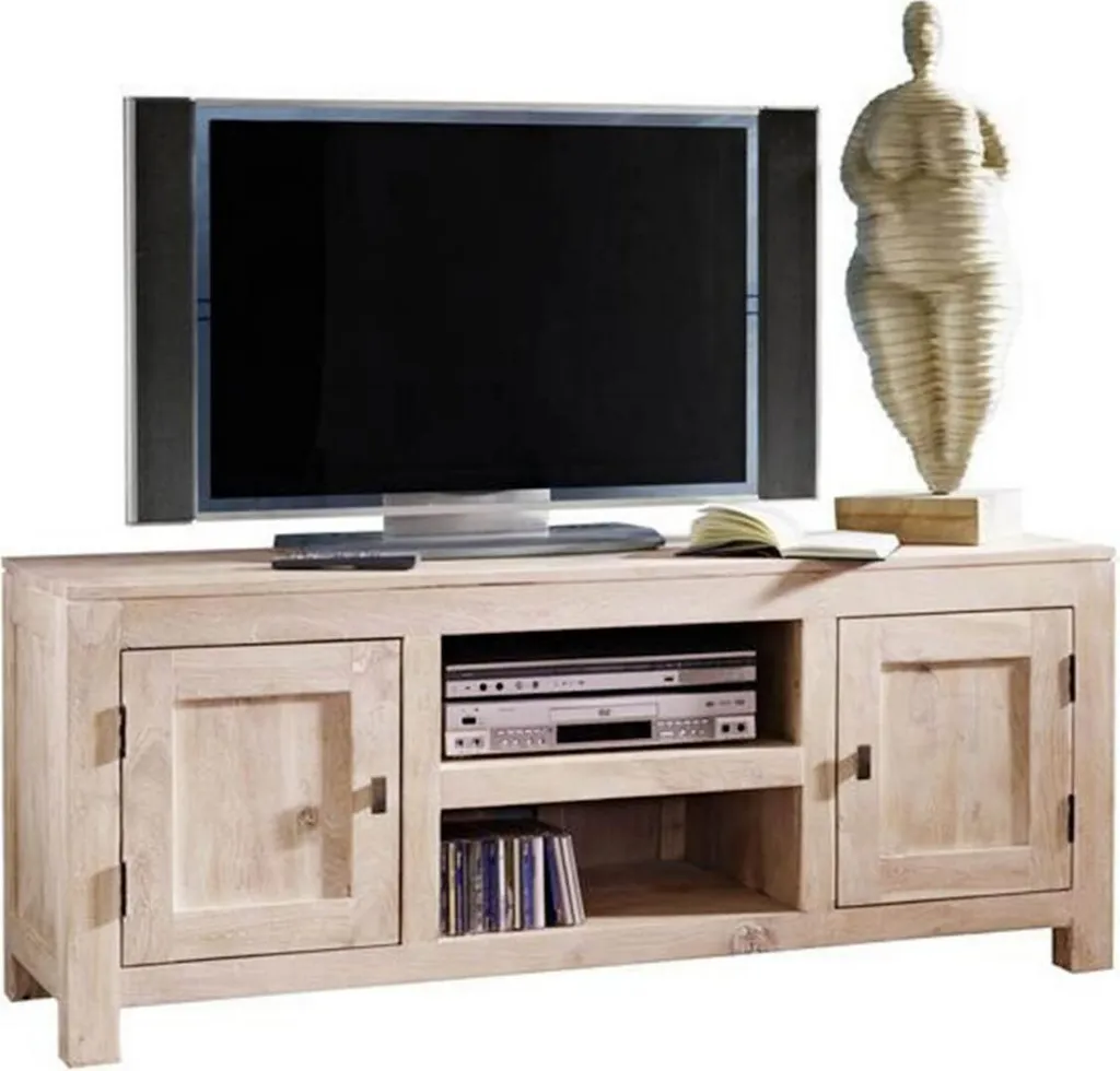 Banc TV en bois massif d'acacia blanchi 145 cm style scandinave blanc