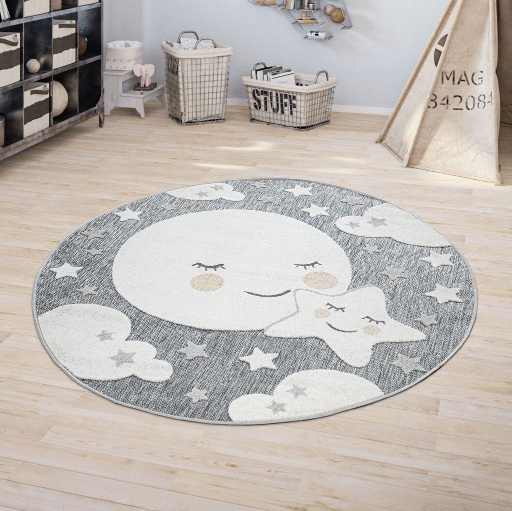 Kinderteppich Kinderzimmer Outdoorteppich Rund Spielteppich 3D Effekt Mond Grau Grösse Ø 160 cm Rund