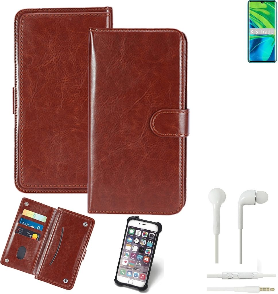 K-S-Trade 360° Hülle kompatibel mit Xiaomi Mi CC9 Pro inkl. Headphones braun Kunstleder Case BookCase WalletCase Kunstlederederhülle Handyhülle,