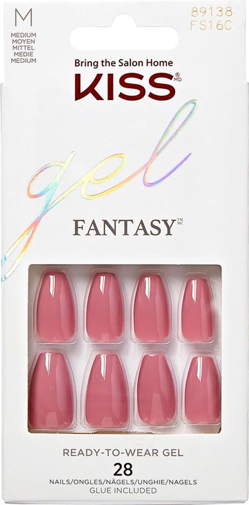 KISS Gel Fantasy Press On Nails Pink Medium Coffin Shape 28 Nails 2g Glue 1 Manicure Stick 1 Mini File Red