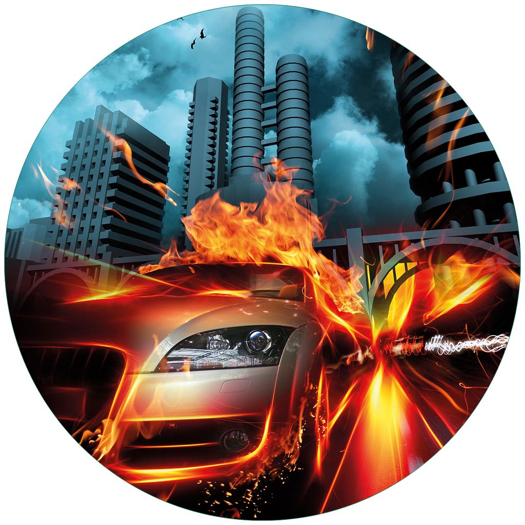 Wallario Premium Glasbild, freischwebende Optik, kräftige Farben, rund 50cm Durchmesser, Motiv Brennendes fahrendes Auto