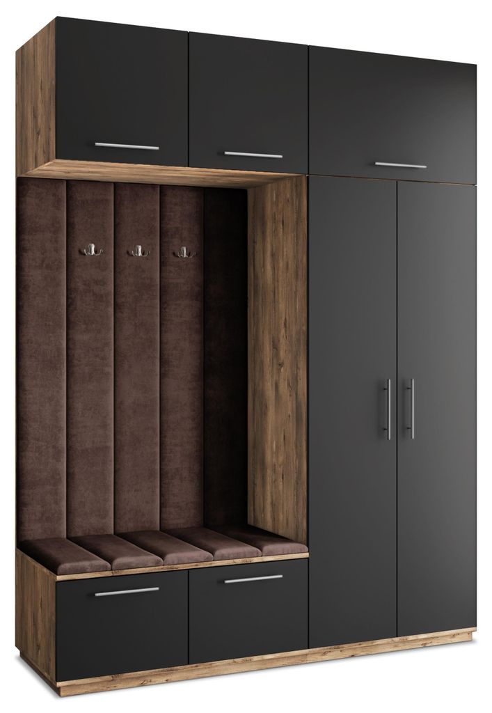 Masseno Garderobe-Set REMA 180/240/60 cm Modern Garderobenschrank Eiche Lefkas, Veloursstoff MONOLITH 29 (Braun)
