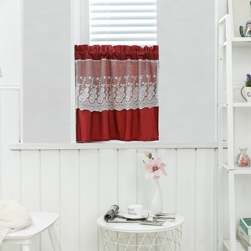 1 Stück Spitzen Kurzvorhang aus Polyester Baumwolle für Küche, Bad, Schlafzimmer, leicht zu befestigen, Größe: 74x61cm, Farbe: Weinrot