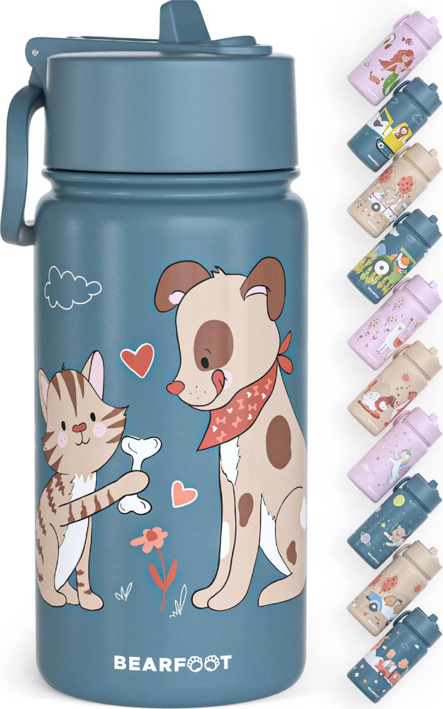 Trinkflasche Kinder Edelstahl mit Strohhalm, Thermosflasche 400ml - BPA frei, auslaufsicher, Kleinkinder, Mädchen & Jungen - Hund & Katze blau
