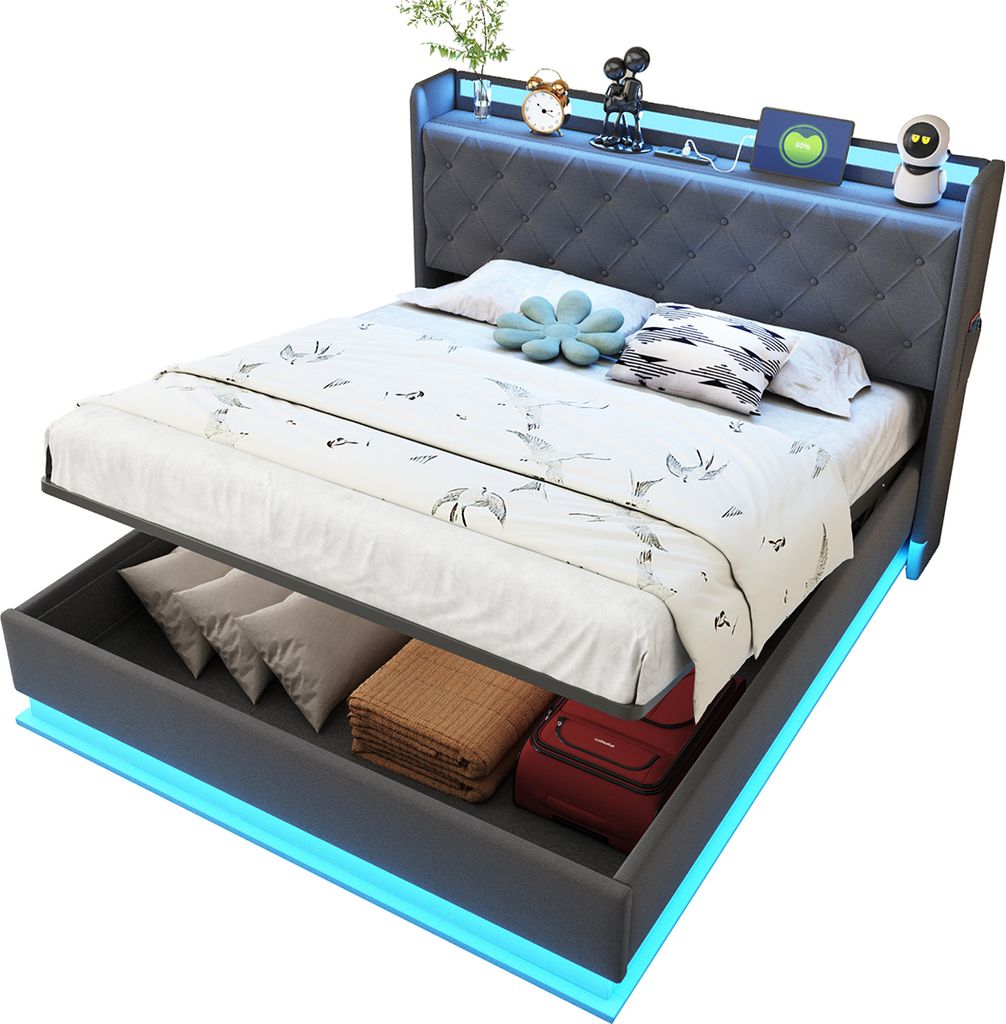 Polsterbett mit USB-Ladeanschluss und Hydraulischer Lagerung Familienbett Doppelflachbett Hautfreundlicher Leinenstoff 140*200cm Grau
