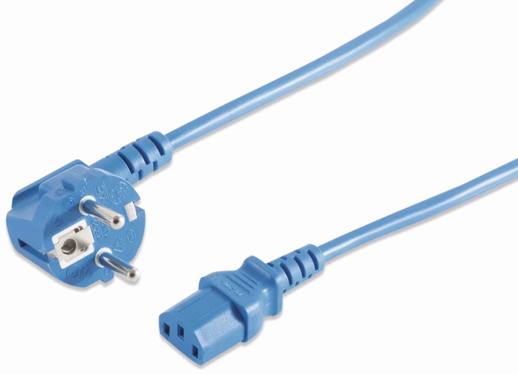 Kaltgeräte Netzkabel Schutzkontakt-Stecker abgewinkelt IEC320-C13 Buchse blau - Länge: 1,80m
