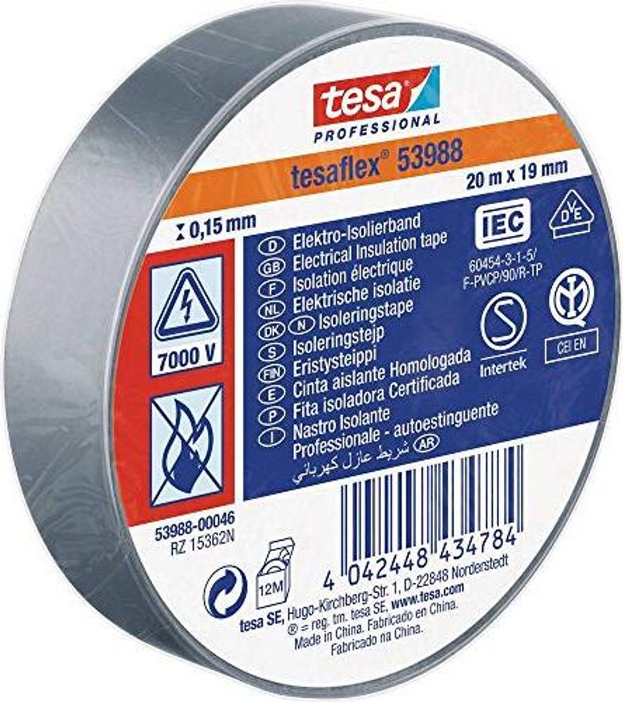 Tesa Isolierband schwarz zum Isolieren und kennzeichnen von Kabeln, 0,15x19mm x 25m, gemäß IEC 60454-3-1, VOC, RoHS & Reach-Konform - 10 Stück