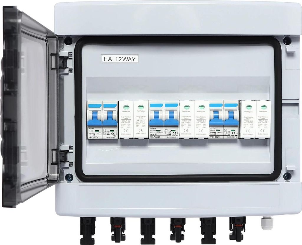 PV-Combiner Box - DC 1000V 40A - 3 Eingänge/3 Ausgänge - Typ 2 Überspannungsableiter 20–40kA 2P - DC-Schutzschalter 2P 40A - IP65 IK10 - Wandm...