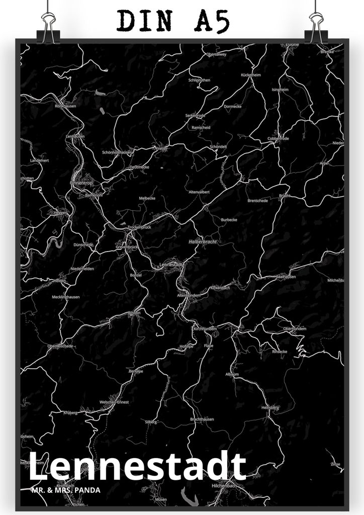 Mr. & Mrs. Panda Bild Lennestadt DIN A5 - Geschenk, Stadt, kunstposter, wanddruck, drucke, Plakat, wanddeko, Dorf Karte Landkarte Map Stadtplan