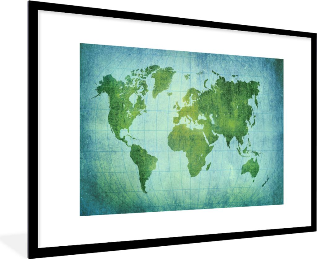 MuchoWow Gerahmtes Poster Weltkarte - Pergament - Grün - Kind - Jungen - Mädchen 90x60 cm - Poster mit Schwarzem Bilderrahmen Wandposter Rahmen...