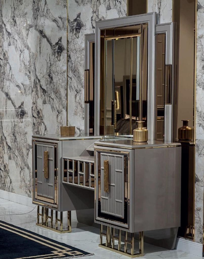 Grauer Schminktisch mit Spiegel Schlafzimmer JV Möbel Design Konsol Hocker Neu