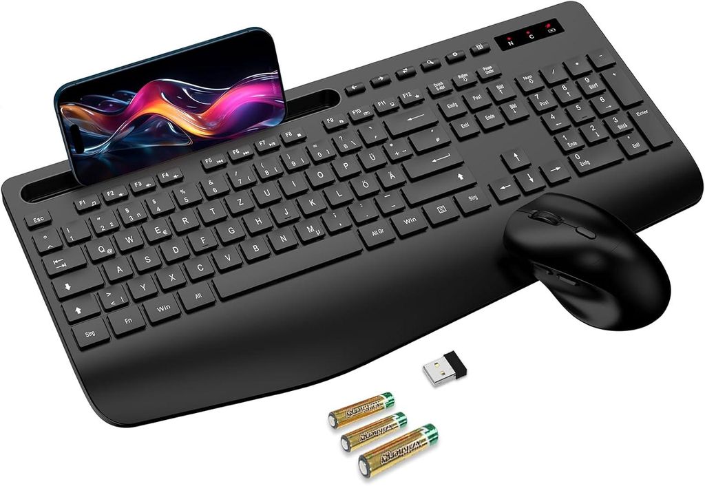 Kabelloses Tastatur-Maus-Set mit Handballenauflage, Telefonhalter, Akku, Ergonomisch, Leise, 2,4GHz Funk, für Laptop, PC, Mac, Windows