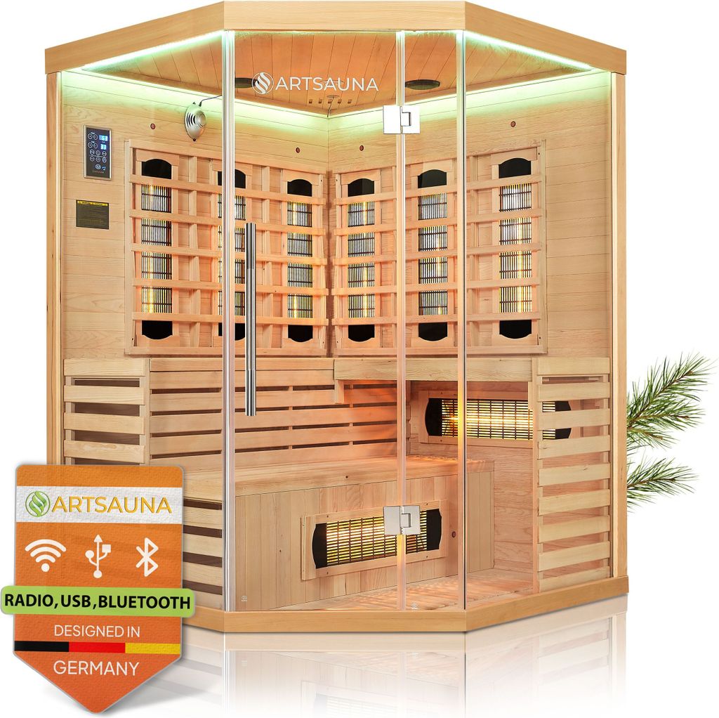 Artsauna Infrarotkabine Kiruna150 mit 8 Vollspektrum- & 1 Flächenstrahler, 3 Personen, 150 x 150 cm, LED Farblicht & Glasfront, Infrarotsauna Sauna