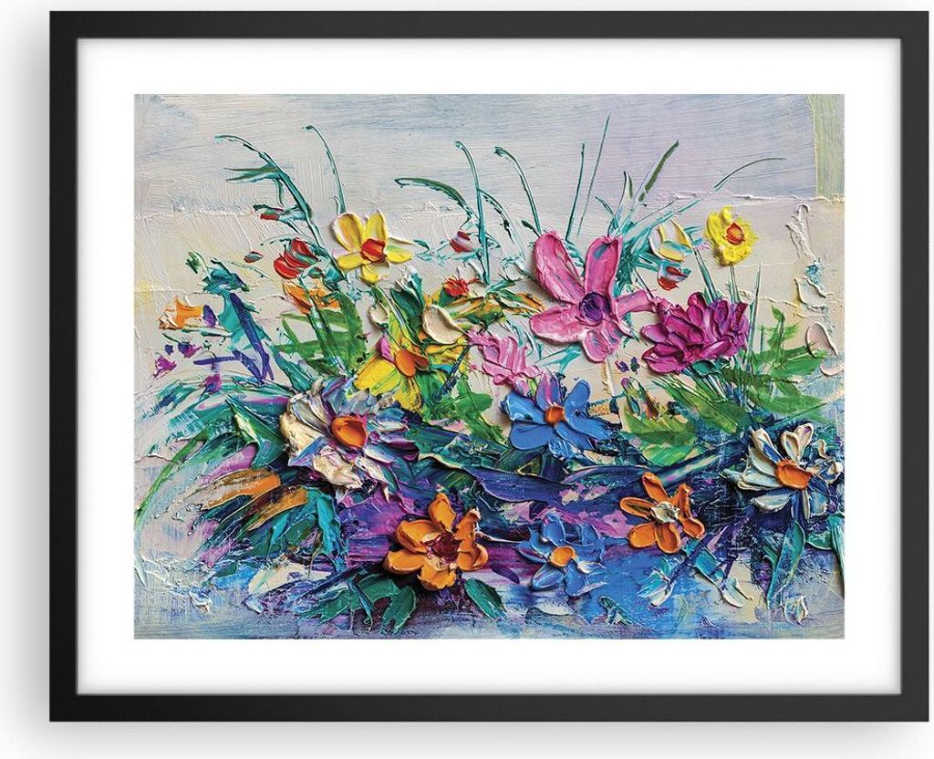 Gerahmtes Poster - Schwarzer Rahmen - Blumen die Farben pastos - 50x40 cm - Wand Bild - Wanddeko - Wandbilder - Kunstposter - Wandposter - Bilderra...